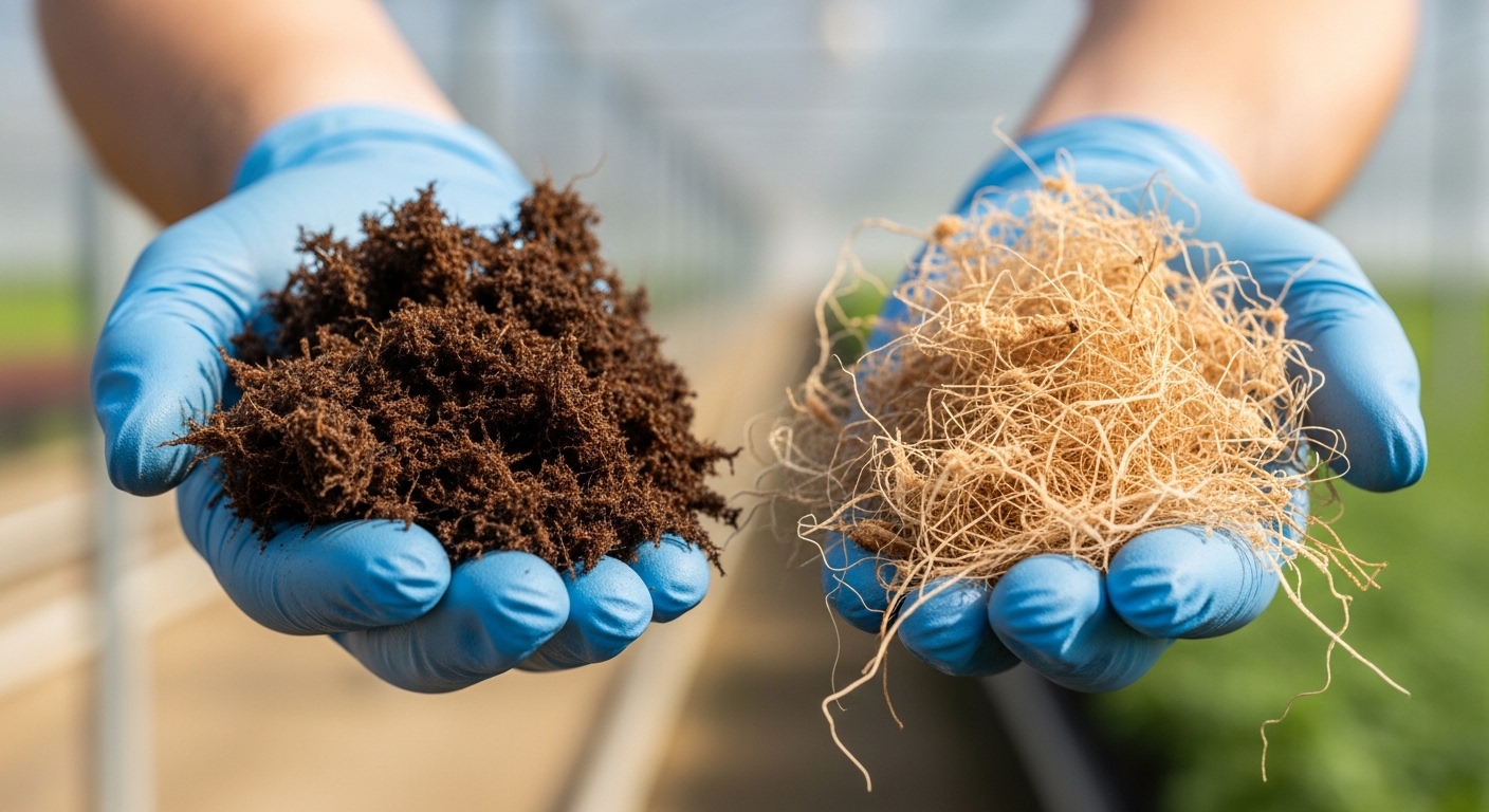 Agrónomo a analisar diferentes tipos de substratos agrícolas