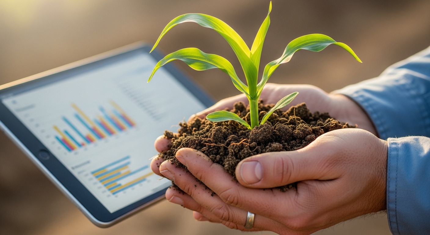 Agrónomo a analisar o solo para nutrição vegetal
