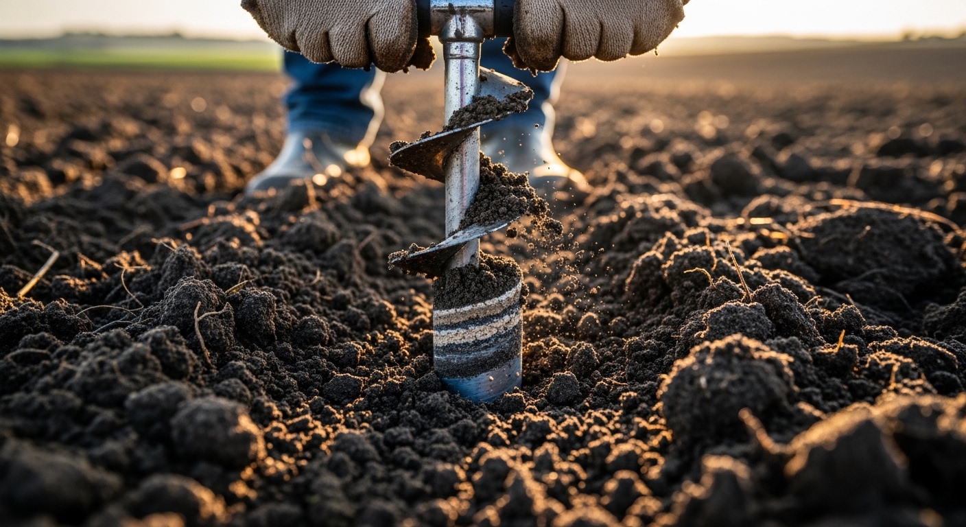 Agrónomo a recolher amostra de solo para análise.