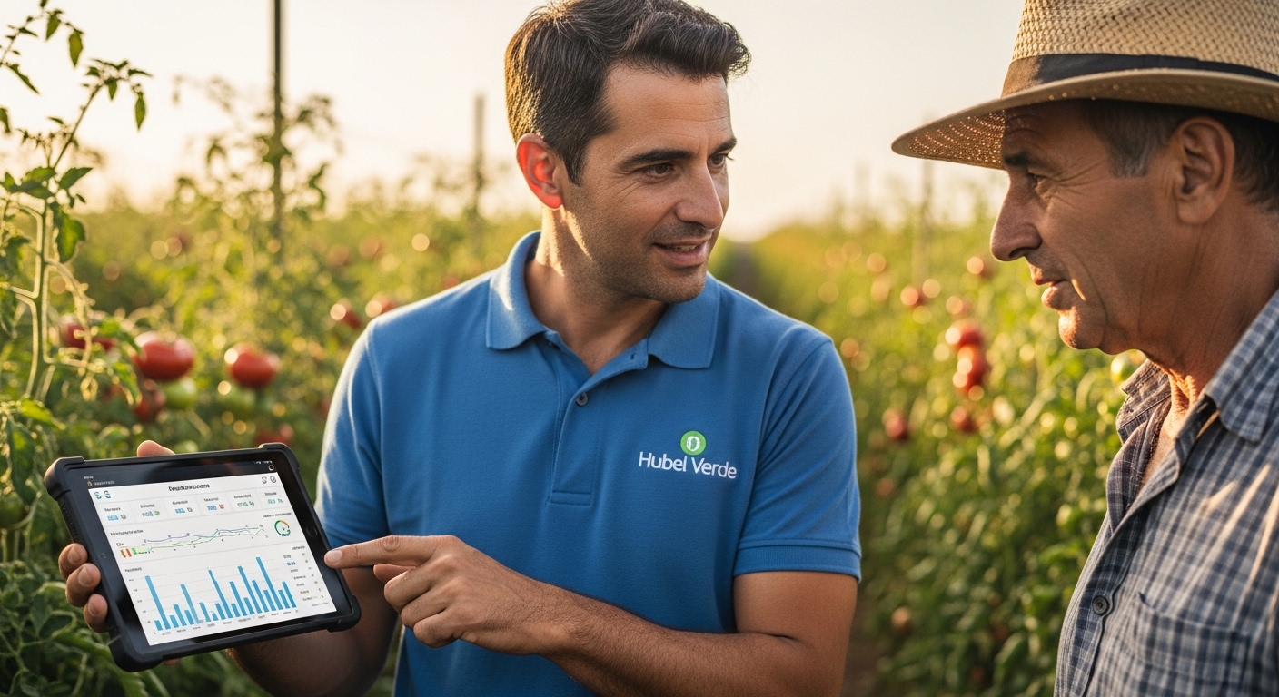 Agrónomo Hubel Verde a apresentar dados num tablet a um agricultor.