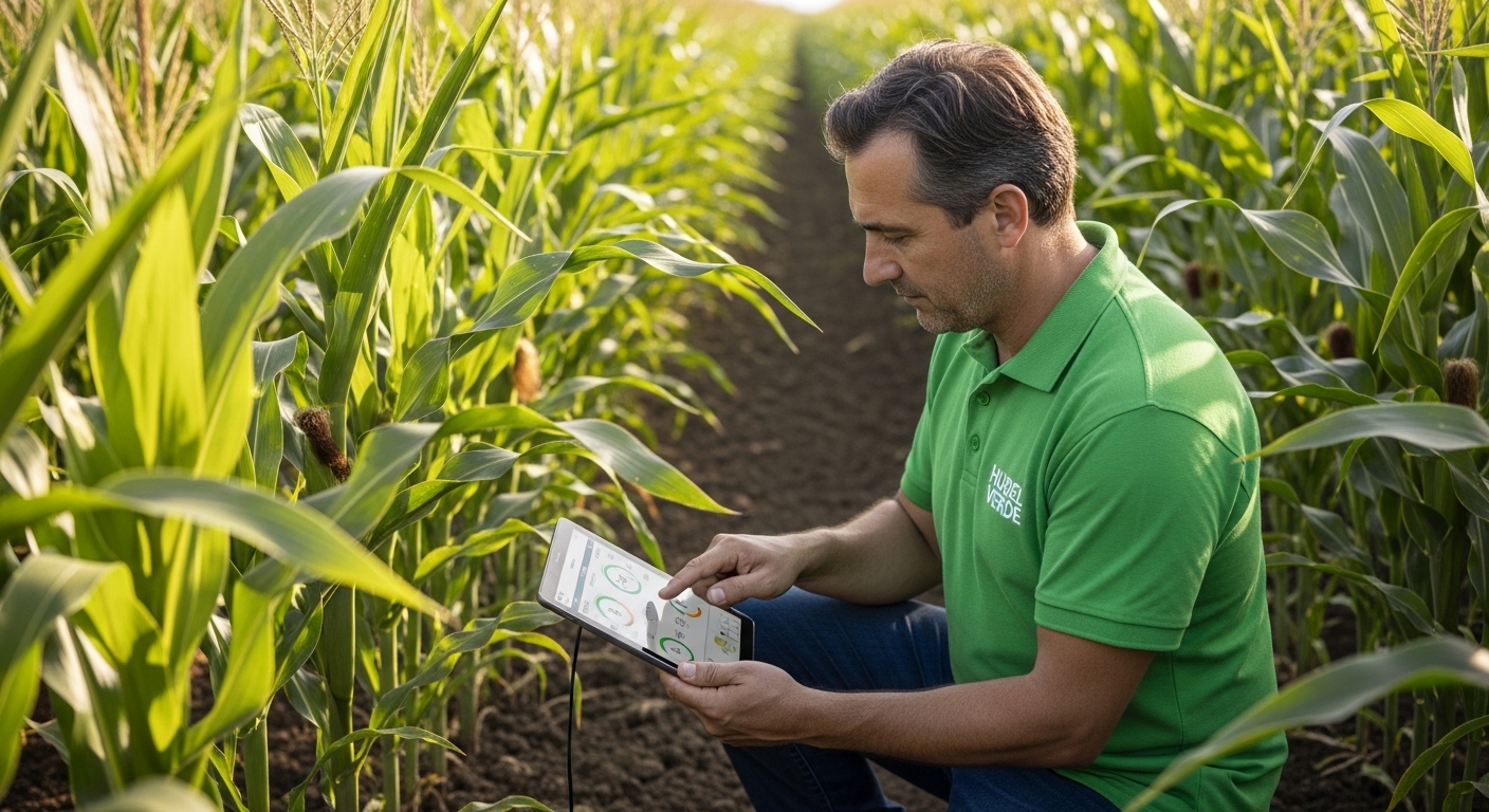 Agrónomo Hubel Verde a analisar dados no campo